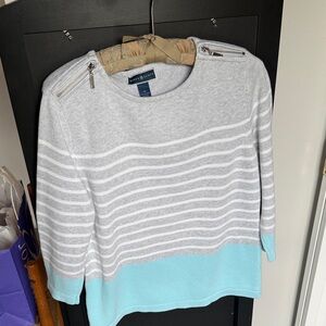 Karen Scott Gray and Aqua Striped Sweater